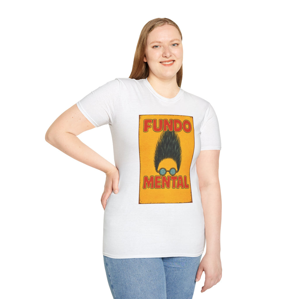 Graphic T-Shirt — "Fundo Mental" Retro Portrait + Palestinian Flag Watermelon Back Art