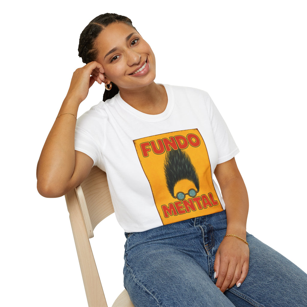 Graphic T-Shirt — "Fundo Mental" Retro Portrait + Palestinian Flag Watermelon Back Art