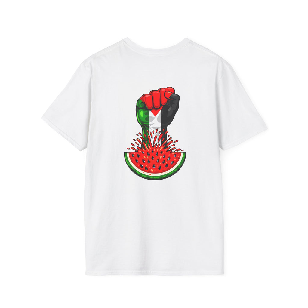 Graphic T-Shirt — "Fundo Mental" Retro Portrait + Palestinian Flag Watermelon Back Art