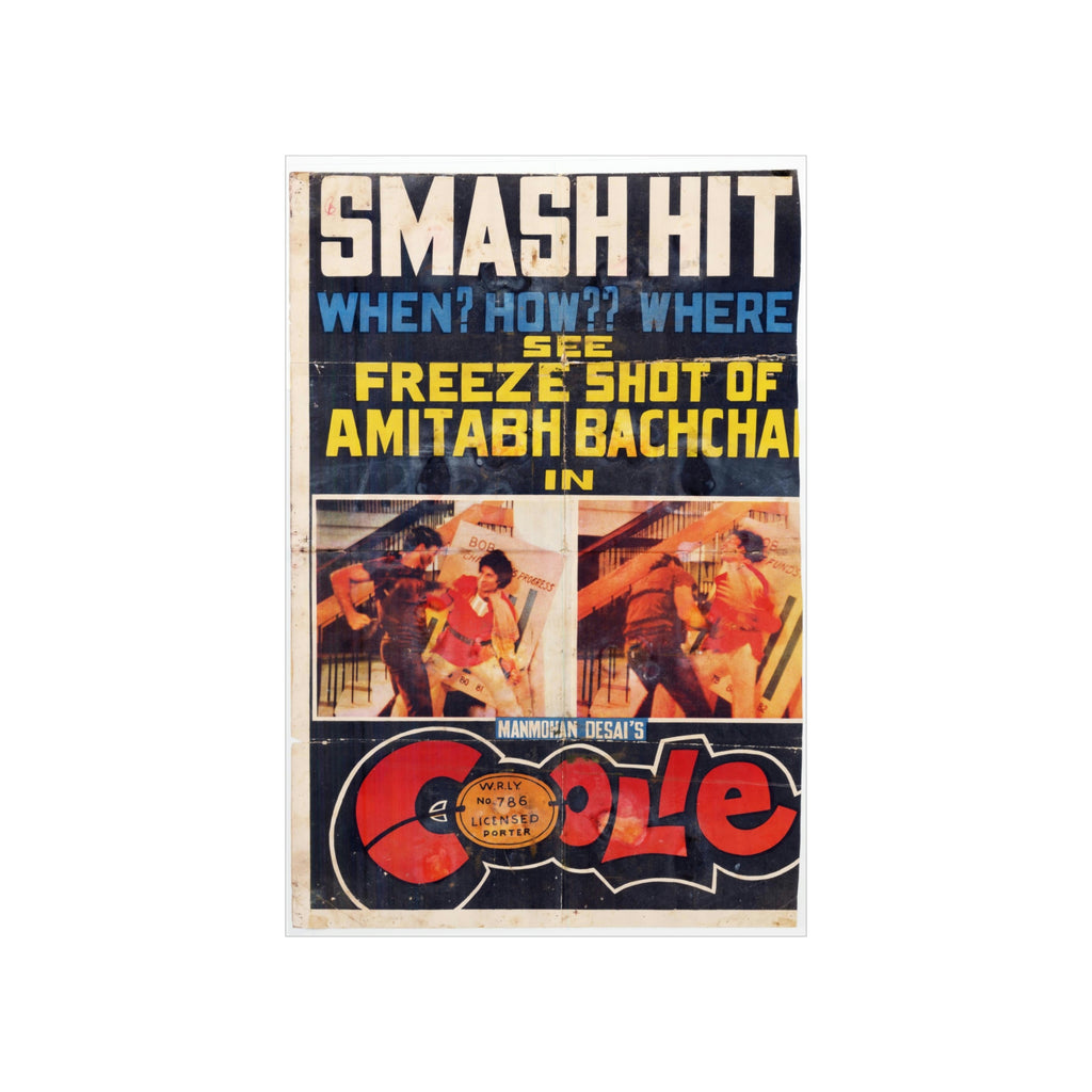 Coolie (1983) Poster with "Freeze Frame of the injury to Amitabh Bachchan" Premium Matte Vertical Posters - www.desimovies.biz