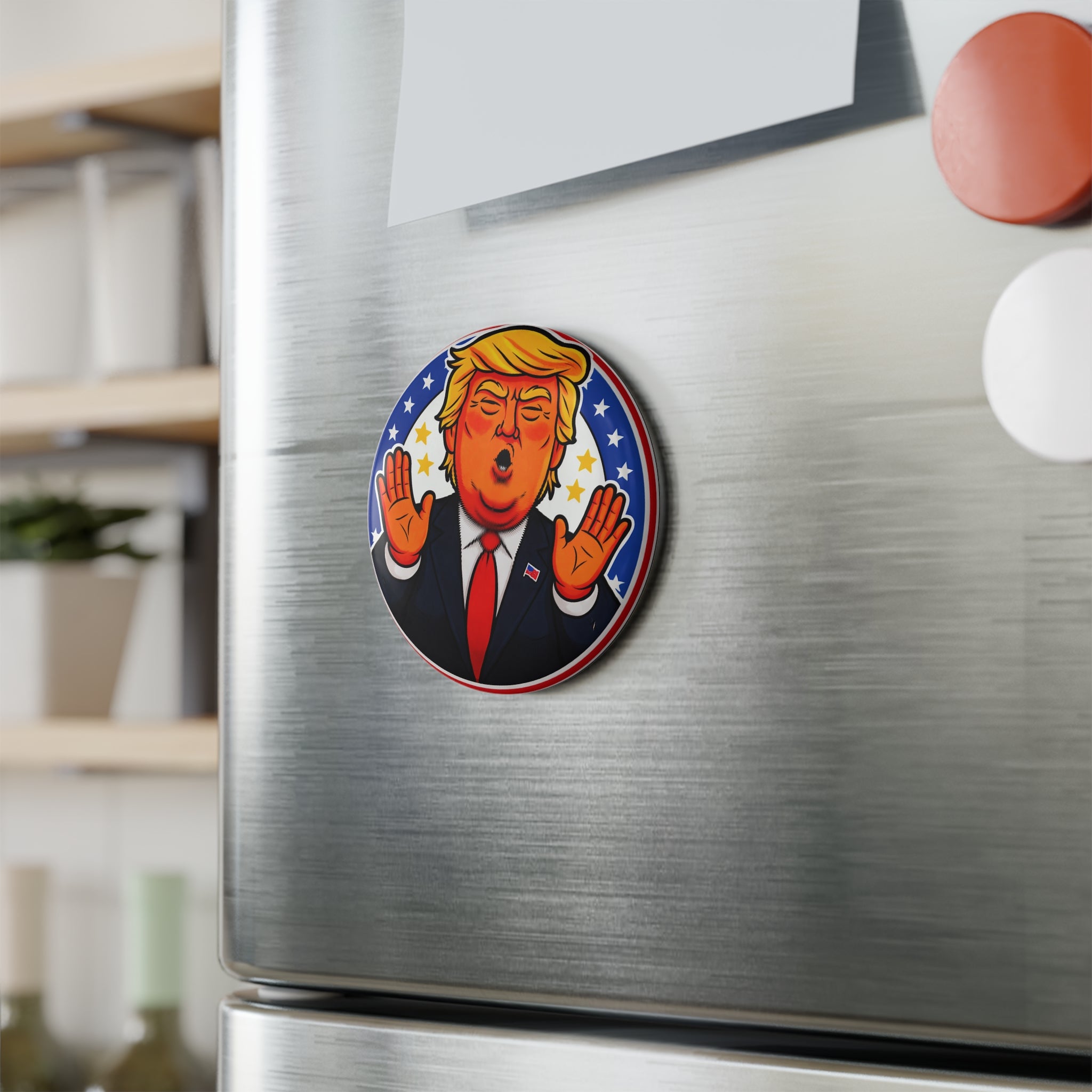 Trump Cartoon Button Magnet – Round Political Refrigerator Magnet