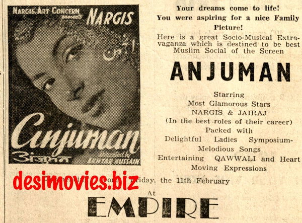 Anjuman (1948) Press Advert -at Empire, Karachi - www.desimovies.biz
