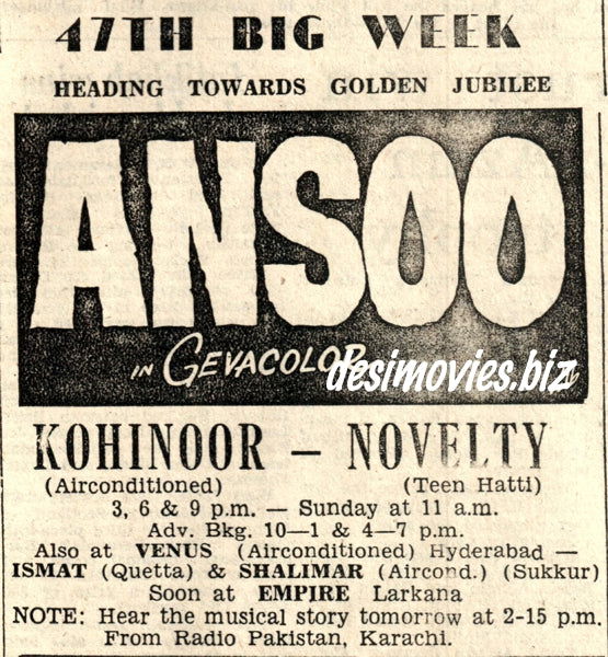 Ansoo (1971) Press Ad - Karachi 1971 - www.desimovies.biz