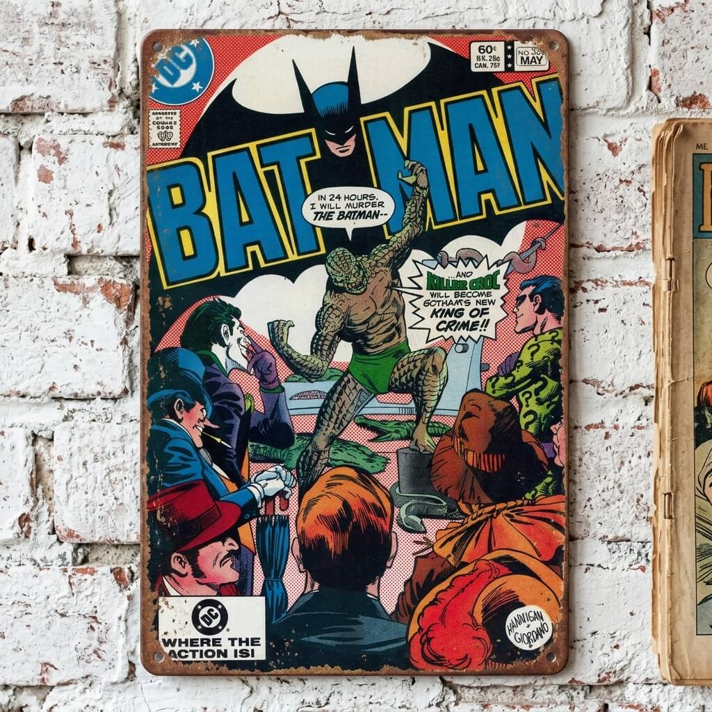 Batman vs The Lizard — Classic DC Comics Golden Age Cover Art Tin Sign | Gotham's Dark Knight