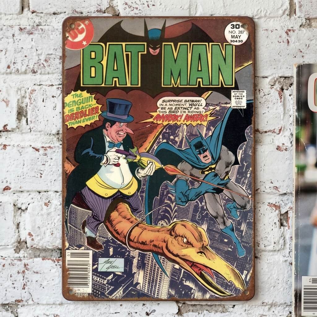 Batman vs The Penguin — Golden Age DC Comics Classic Cover Art Tin Sign | Gotham City Showdown