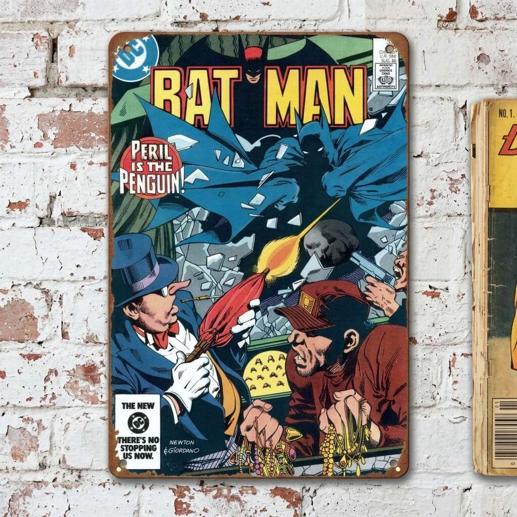 Batman vs The Penguin — The Grapple! Golden Age DC Comics Magnificent Cover Art Tin Sign