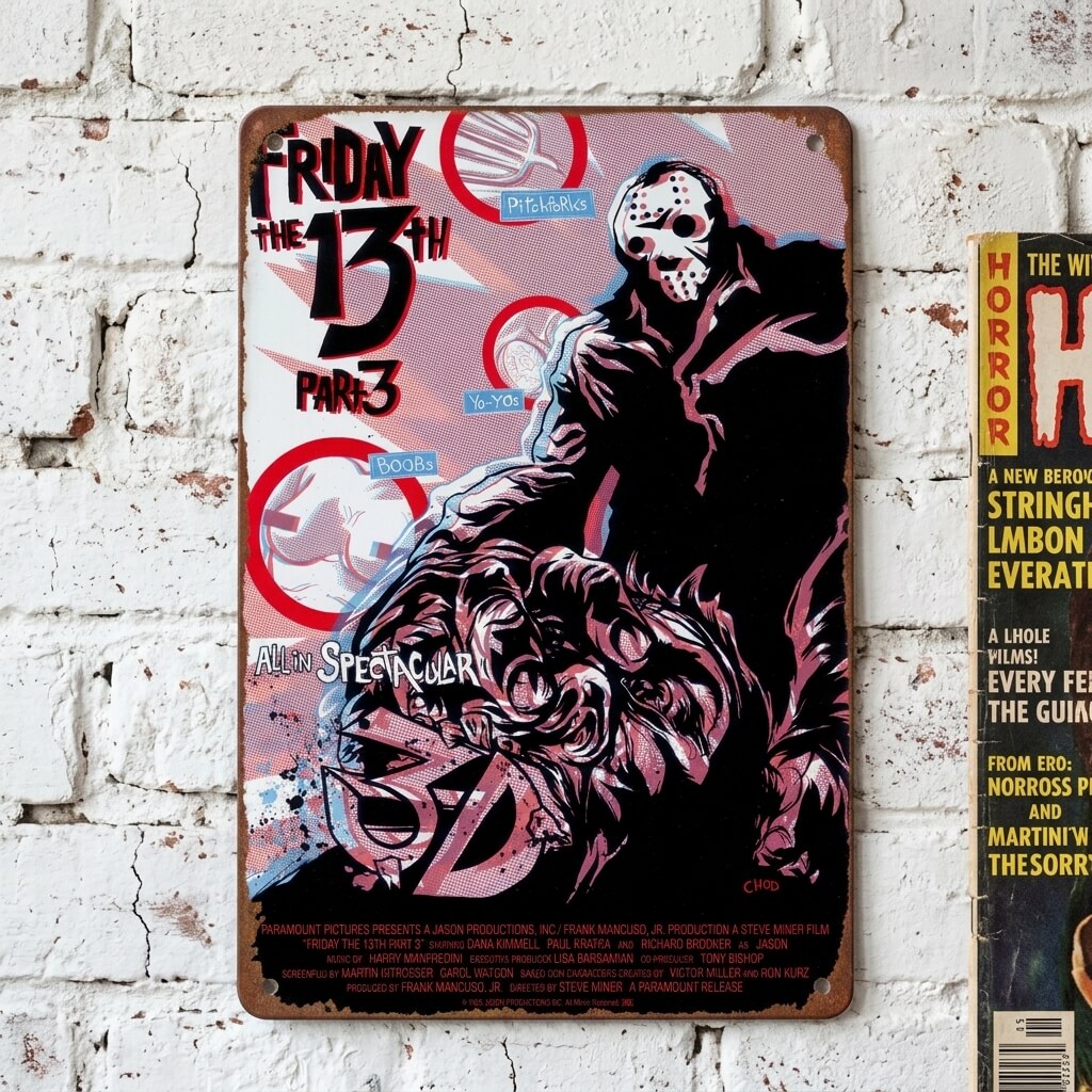 Friday the 13th Part III — 3D Style Vintage Horror Tin Sign | Jason's Iconic Hockey Mask Origin