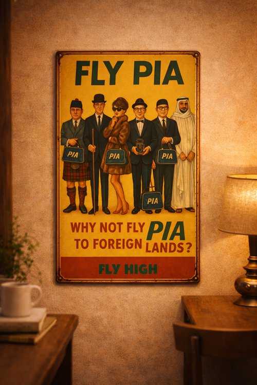"Why Not Fly PIA to Foreign Lands?" - Vintage Pakistan International Airlines Tin Sign