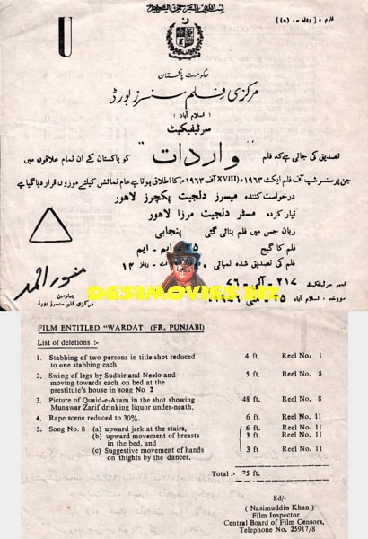 Wardaat (1976) Censor Certificate - www.desimovies.biz