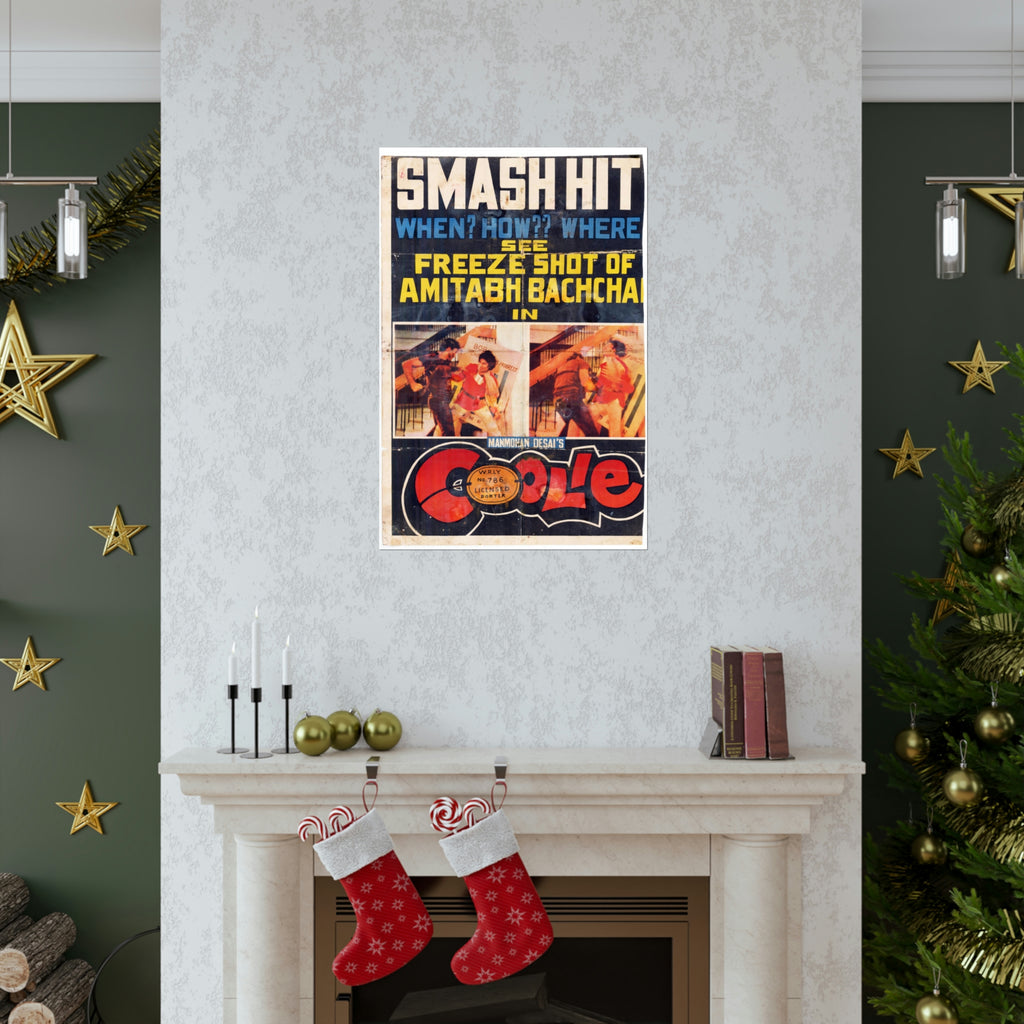Coolie (1983) Poster with "Freeze Frame of the injury to Amitabh Bachchan" Premium Matte Vertical Posters - www.desimovies.biz