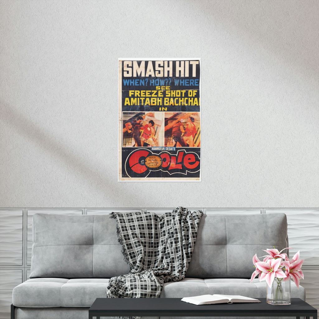 Coolie (1983) Poster with "Freeze Frame of the injury to Amitabh Bachchan" Premium Matte Vertical Posters - www.desimovies.biz