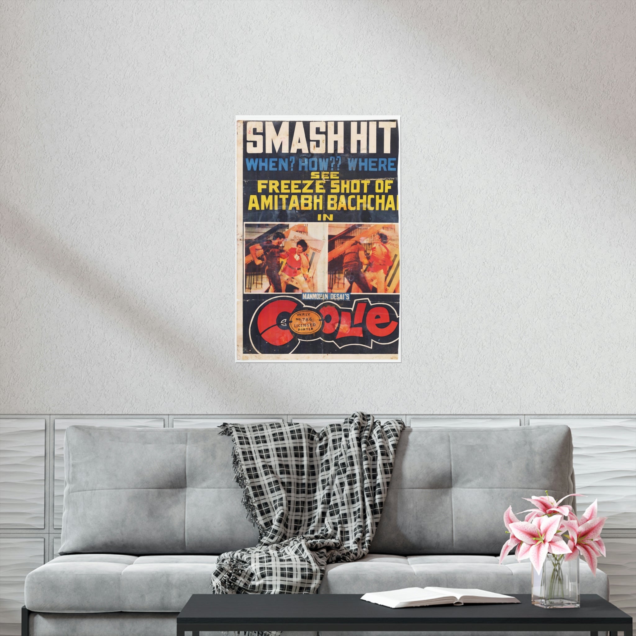 Coolie (1983) Poster with "Freeze Frame of the injury to Amitabh Bachchan" Premium Matte Vertical Posters - www.desimovies.biz